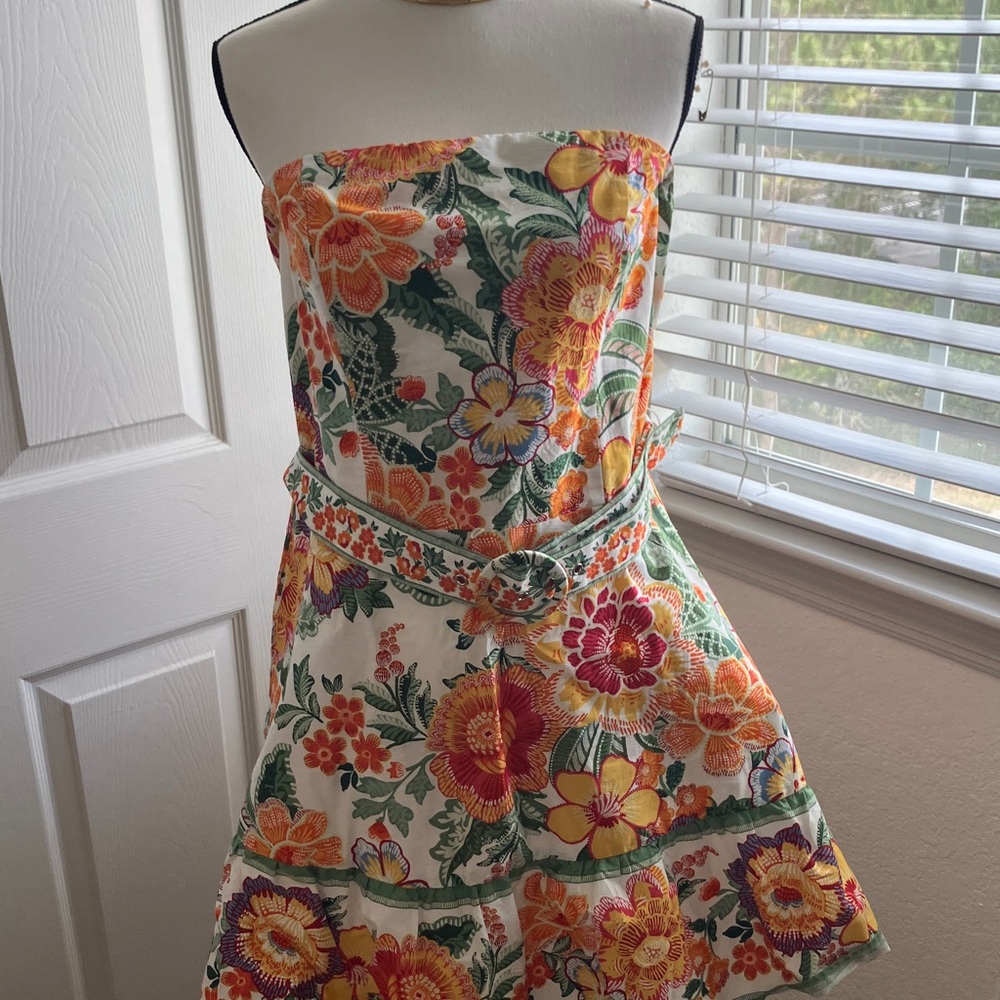 Joie Strapless Asymmetrical Floral Dress in White, Orange, Yellow, Green, Purple